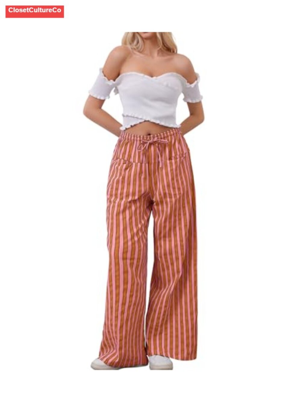 Women Drawstring Striped Wide Leg Casual Trousers Low Rise Loose Lounge Pants